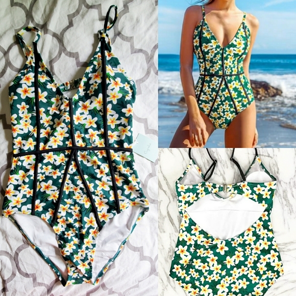 NWT CUPSHE Green with Daisies One Piece